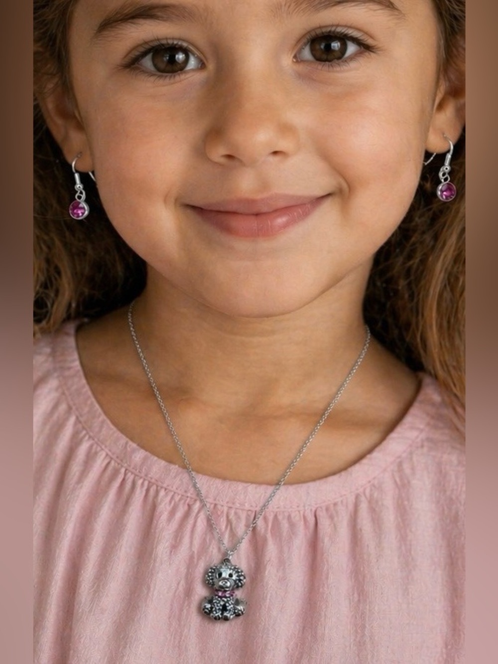 Kids Silver Puppy Pendant Necklace with Pink Earrings - New